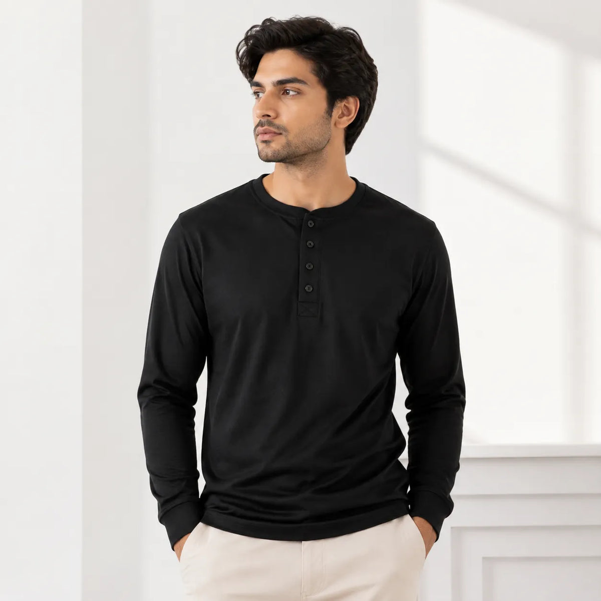 Midnight Black Henley T-Shirt for Men