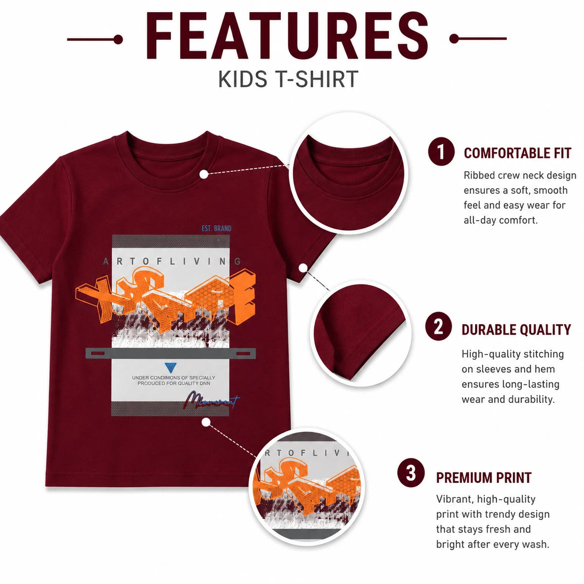 Stylish Maroon Printed Kids T-Shirt for Boys