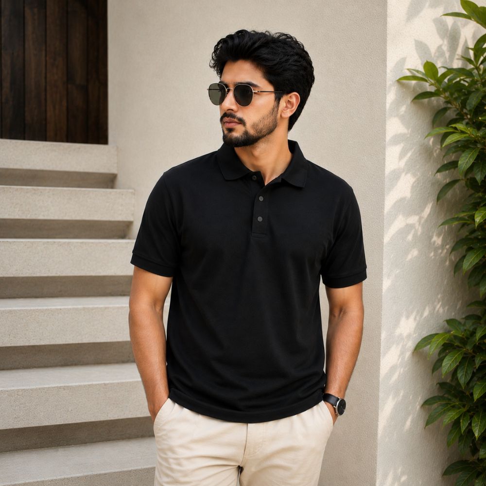 Men Solid Polo Neck Cotton Blend Black T-Shirt