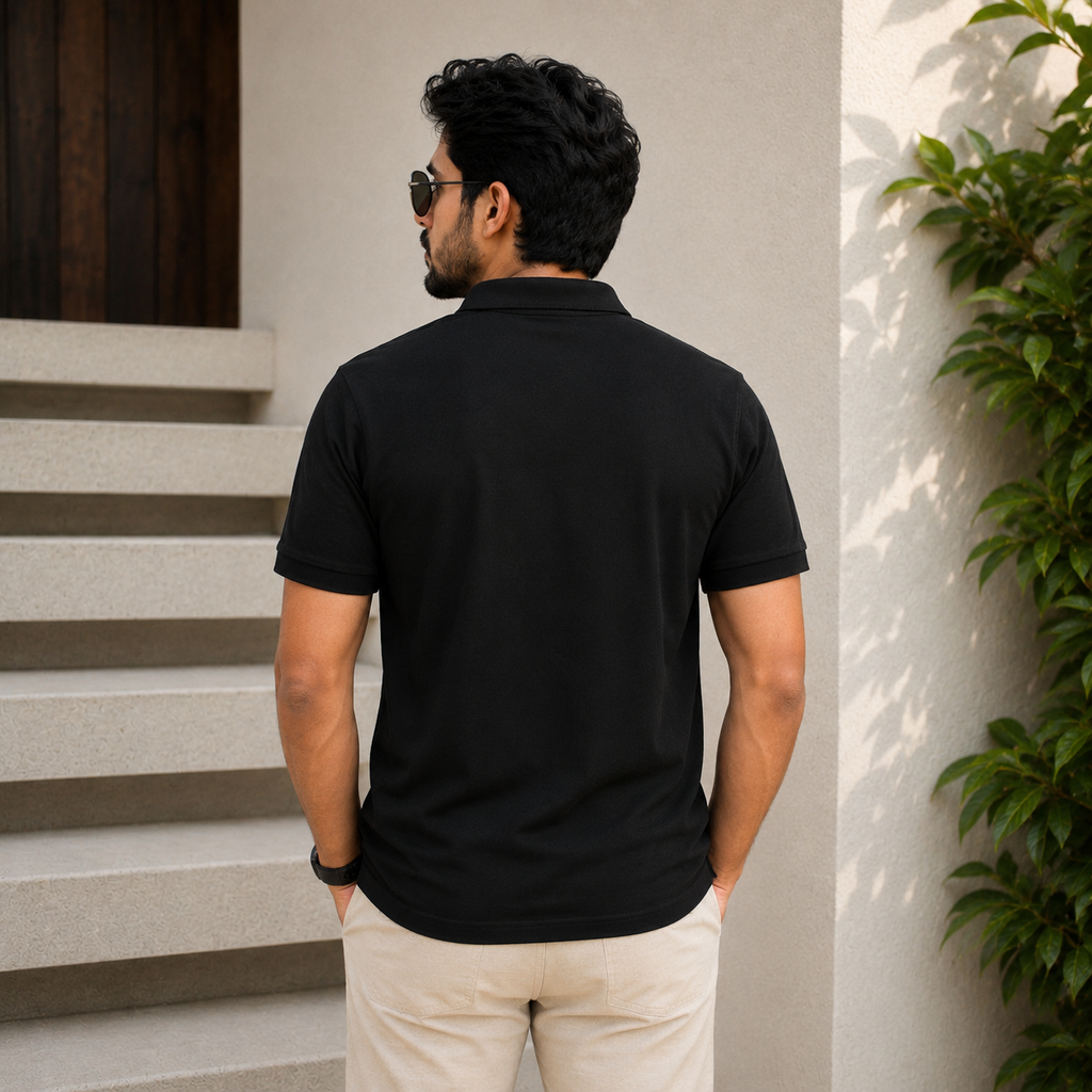 Men Solid Polo Neck Cotton Blend Black T-Shirt