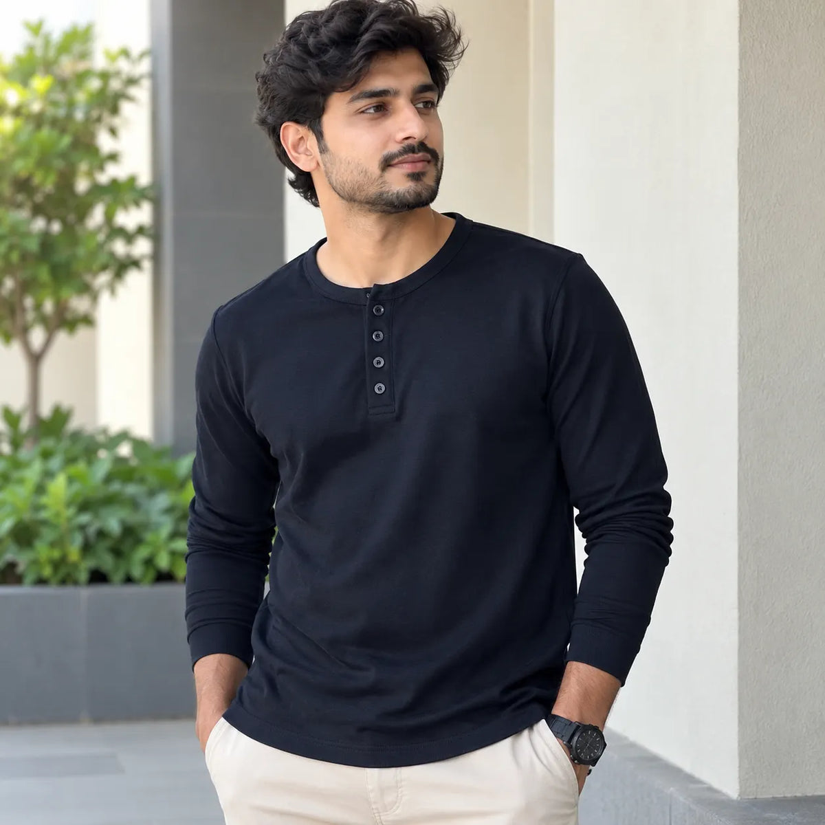 Midnight Navy Blue Henley T-Shirt for Men